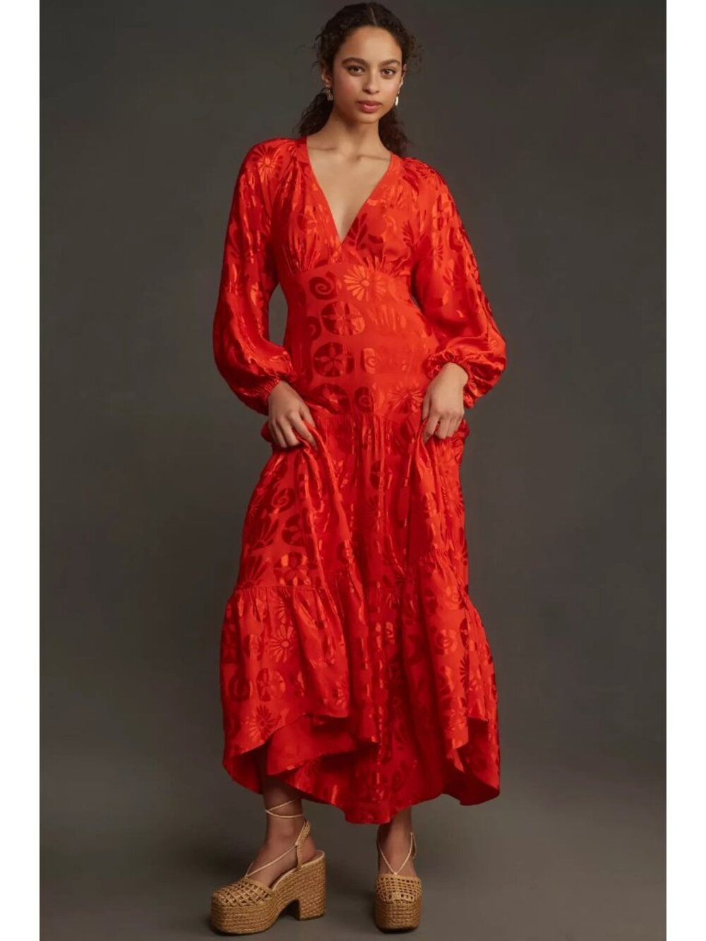 NWT Anthropologie x FARM Rio Red Satin Long-Sleeve V-Neck Jacquard Maxi Dress M